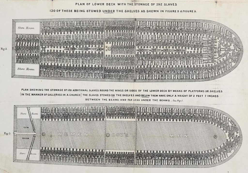Diagram of a slave ship showing how people were bound and stowed below deck