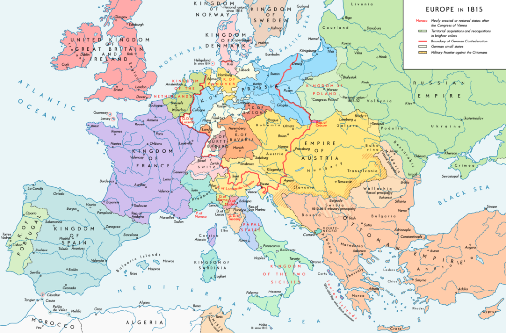 Map showing European countries and their boundaries in 1815