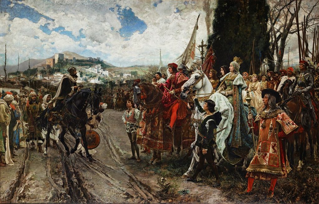 A man on a black horse approaches a man in red on a brown horse and woman in royal dress with a crown on a white horse