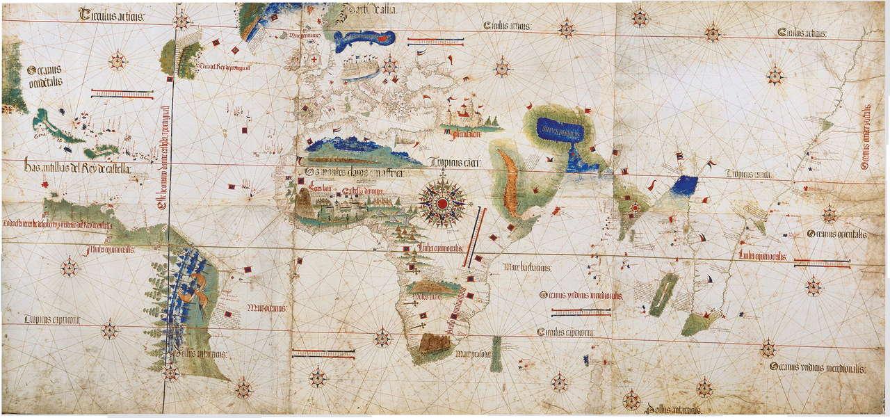 Map from 1502 showing the line drawn by the Treaty of Tordesillas cutting through South America