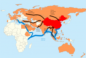 Proposed Belt and Road Initiative. China in Red, the members of the Asian Infrastructure Investment Bank in orange. The proposed corridors in black (Land Silk Road), and blue (Maritime Silk Road).