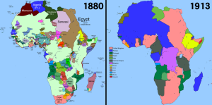 Side-by-side maps of the African Continent in 1880 and 1913 showing the growing control of European colonial powers