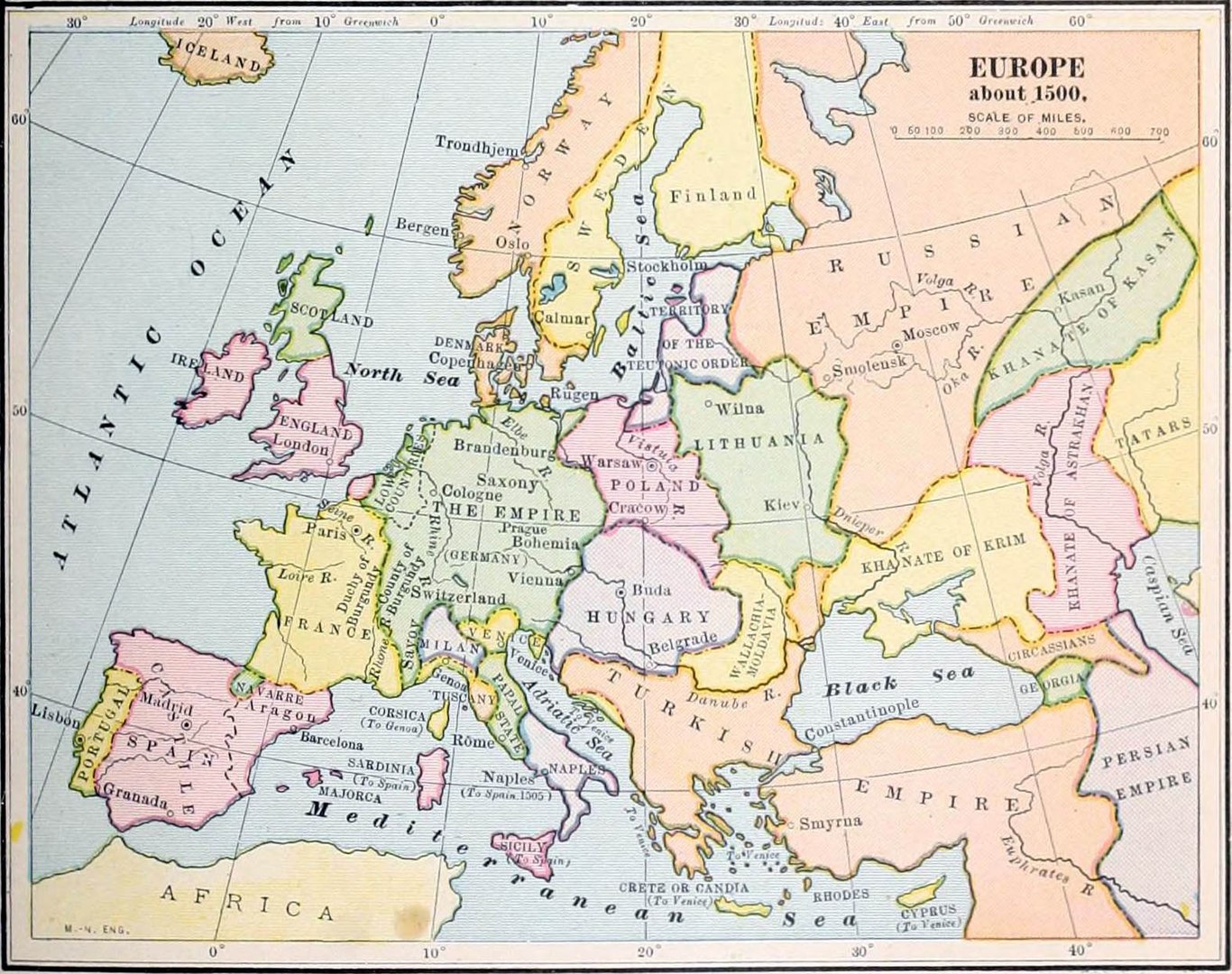 Map of Europe in 1500 showing the major national boundaries of the time