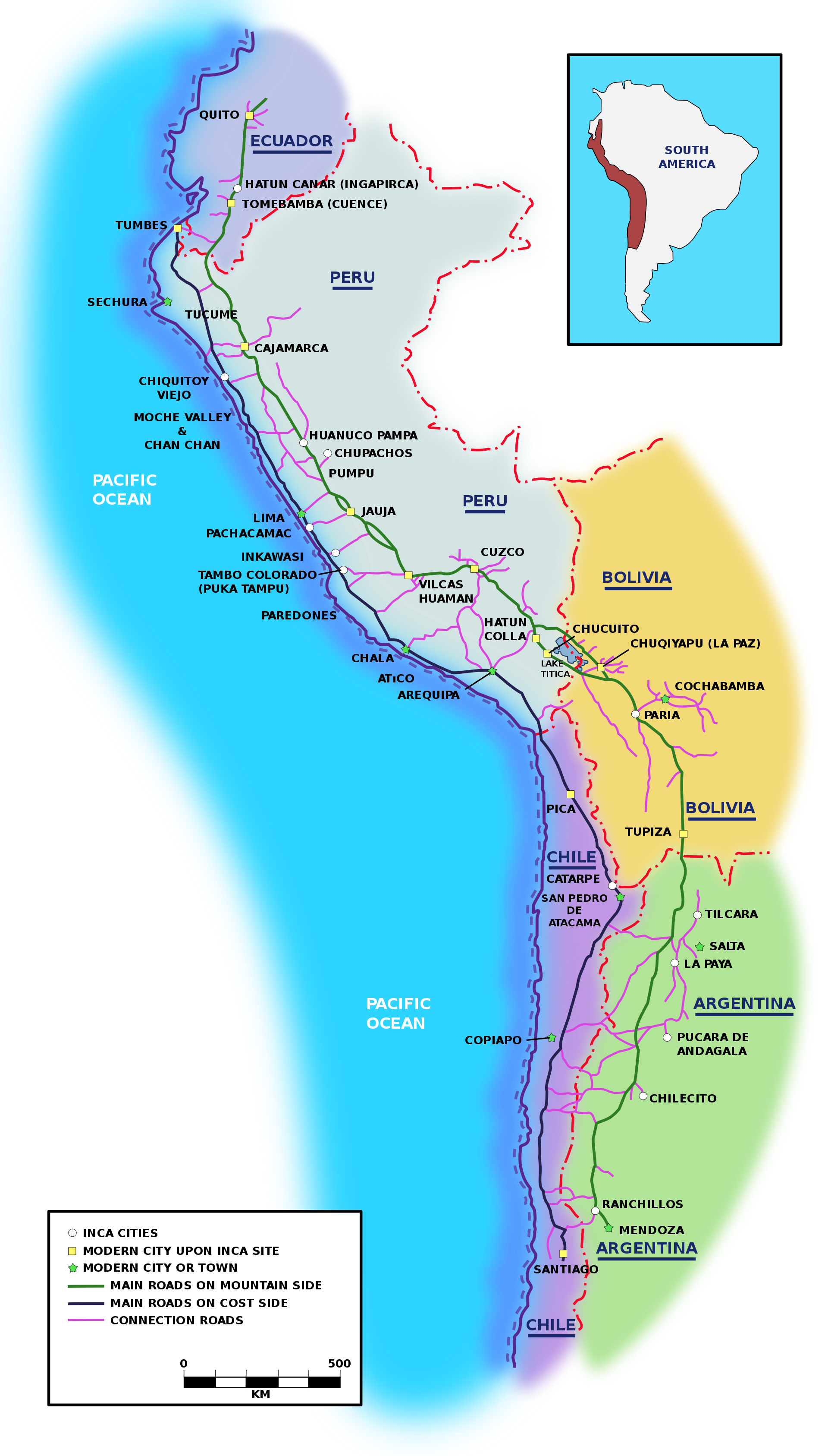 By Manco Capac - self-made from the images on this and this and this pages and mainly from the image in the book Inca Road System by John Hyslop., CC BY-SA 3.0, https://commons.wikimedia.org/w/index.php?curid=3878163 map showing Inca road system from Ecuador to Chile
