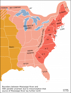 Map showing 1775 boundary between Mississippi River and 49th parallel uncertain due to misconception that source of Mississippi River lay further north.