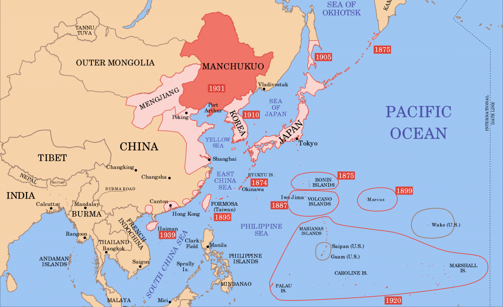1939 map showing territories in Asia controlled by Japan after invasion