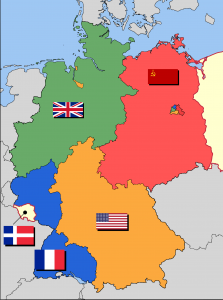 Occupation zone borders in Germany, 1947. The territories east of the Oder-Neisse line, under Polish and Soviet administration/annexation, are shown as cream as is the likewise detached Saar protectorate. Berlin is the multinational area within the Soviet zone
