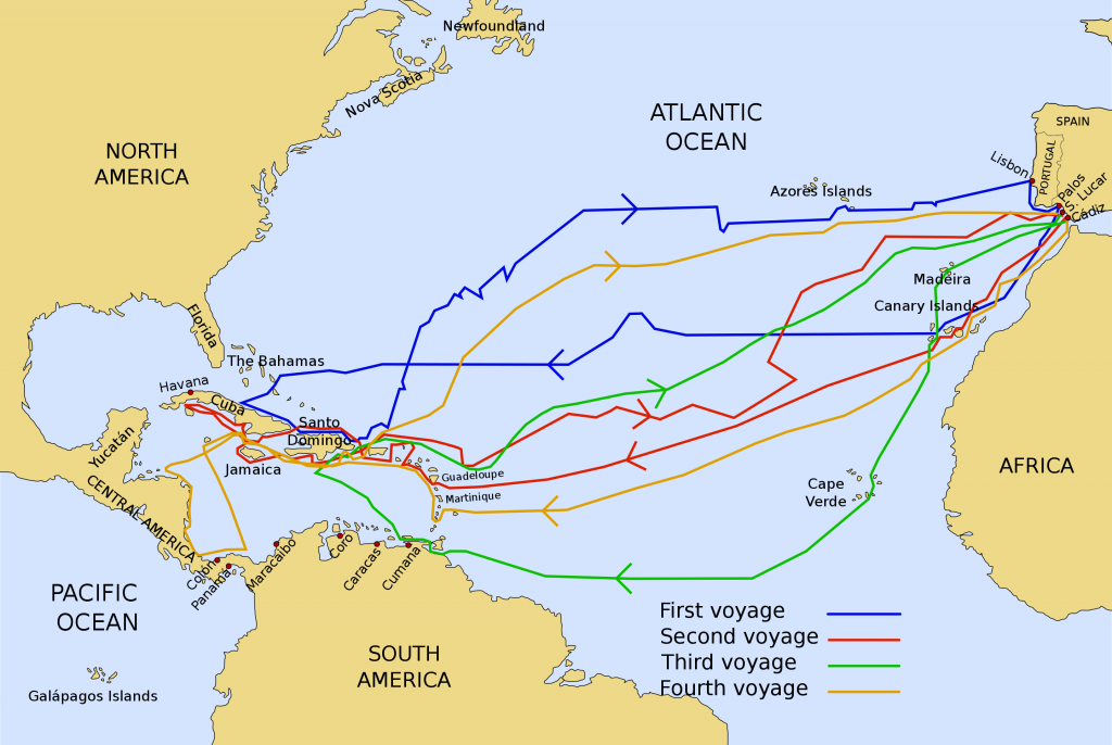 map showing the routes of the four voyages of Christopher Columbus from Spain and Portugal to the Caribbean, South America, and Central America