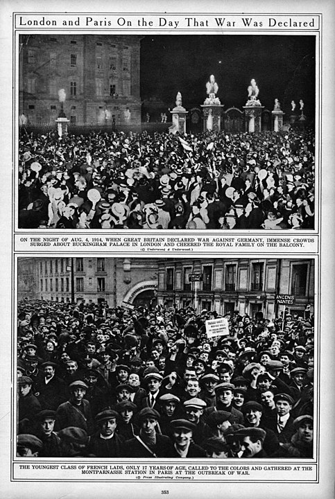 Two photographs of large groups of people in London and Paris on the Day that war was declared, many in bottom photograph appear to be smiling
