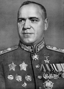 Photographic portrait of Georgy Zhukov in military dress with many medals
