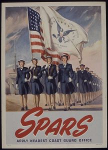 Poster of women in military uniforms in formation holding up an American flag and U.S. Coast Guard flag with text that reads: "SPARS Apply Nearest Coast Guard Office"