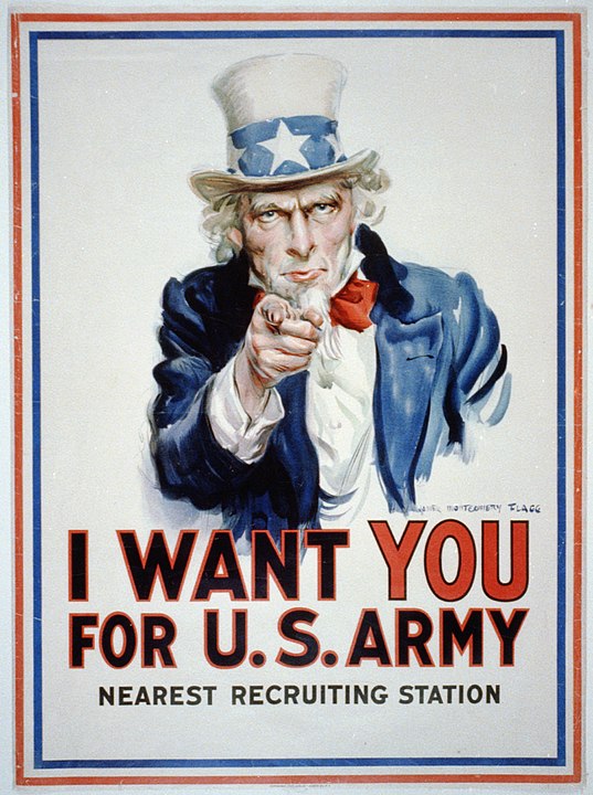 US Army recruiting poster showing white hair bearded man in white top hat with stars, blue jacket, and red bowtie pointing at viewer with text reading: I want YOU for U.S. Army nearest recruiting station