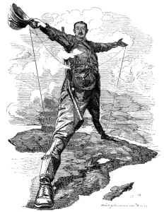Cartoon of Cecil Rhodes standing over the African continent representing his telegraph line from Cape Town to Cairo