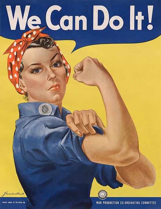 Woman rolling up sleeve and curling bicep with hair held in bandana with text that reads "We Can Do It!"