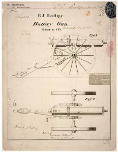 Patent drawing for R.J. Gatling's "battery gun" on large wheels