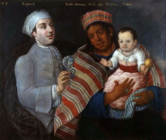 A casta painting of a Spanish man and an indigenous Calchaquí woman wearing a striped shawl and headpiece holding a Mestizo child with golden rattle in its hand, 1770