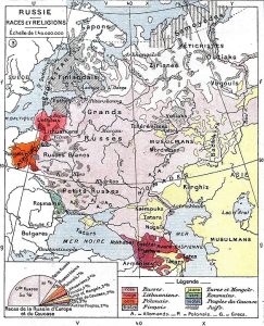 Map of the European part of the Russian Empire showing numerous and varied ethnicities