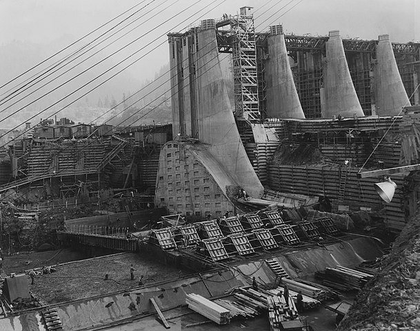 The large Bonneville Dam in the midst of construction