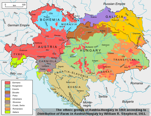 Map showing ethnicities in the Austro-Hungarian Empire in 1911 listing Germans, Hungarians, Czechs, Slovaks, Poles, Ukrainians, Slovenes, Croats, Serbs, Romanians, and Italians