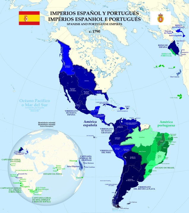 Map showing Spanish and Portuguese empires in the Americas circa 1790