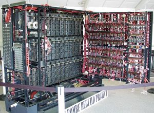 A replica of the large and imposing Turing computer with many complicated and interconnected parts
