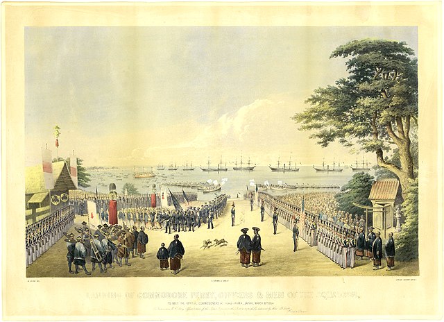 Commodore Perry's forces meeting with locals on the beach of Kanagawa with ships and sea in distance