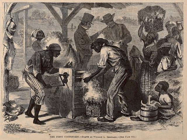 Enslaved men, women, and children working a cotton gin