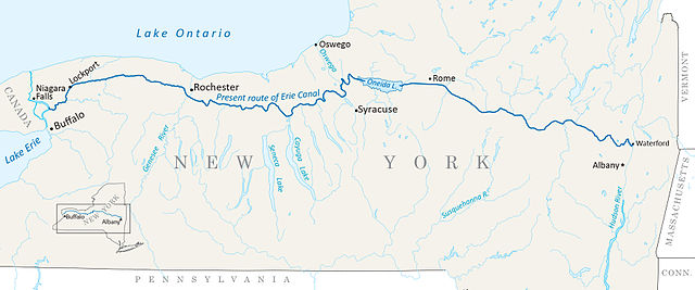 Map showing the present route of the Erie Canal from Niagara Falls to Waterford, NY