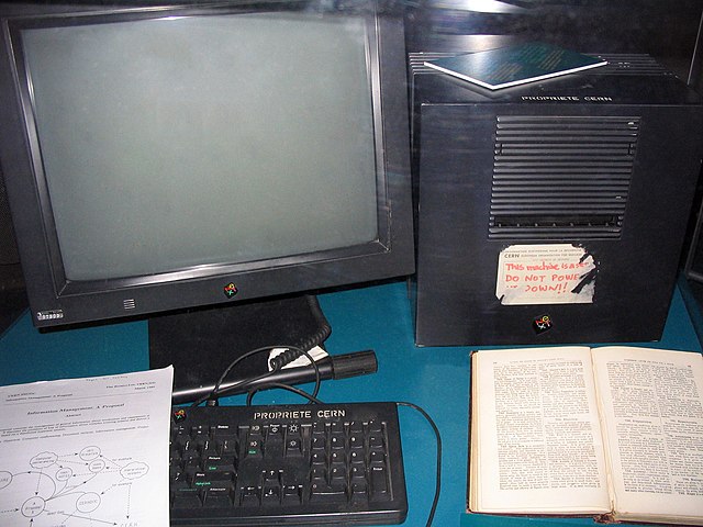 Computer screen, keyboard, and hard drive comprising the NeXT Computer used by British scientist Sir Tim Berners-Lee at CERN