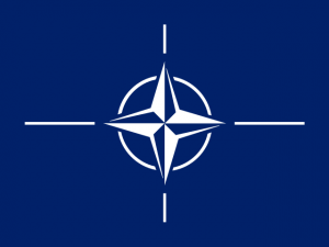 Blue and white flag of the North Atlantic Treaty Organization with four pointed star in middle