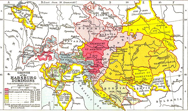 Growth of the Habsburg Empire from the red and pink center outward to the yellow and green conquests of the 18th and 19th centuries.