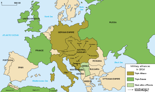 Map showing the Triple Entente or Allied Powers (consisting of United Kingdom, France, Morocco, Algiers, Tunisia, Russia, and Russian Slavic allies Serbia and Montenegro) and the Triple Alliance or Central Powers (consisting of German Empire, Atria-Hungary, and Italy)