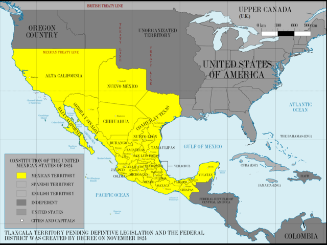 Map of Mexico and the United States in 1824, before the Texas Secession and the Mexican-American War, showing the area of Mexico stretching into present-day California, Arizona, New Mexico, and Texas
