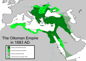 Map showing extent of Ottoman Empire in 1683 including directly administered and vassal territories