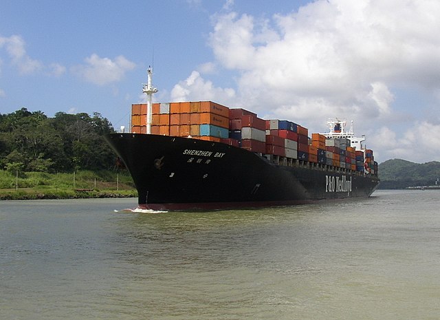Container ship filled with containers on the Panama canal