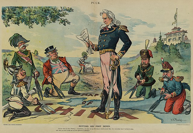 1899 US cartoon showing European powers preparing to cut up China, while Uncle Sam objects