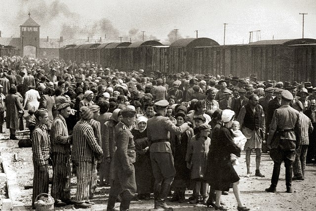 Group of Hungarian Jewish men and women being "selected" to work or to the gas chamber at Auschwitz, to the left are men in striped garments, the entrance gate to the camp looms over the background
