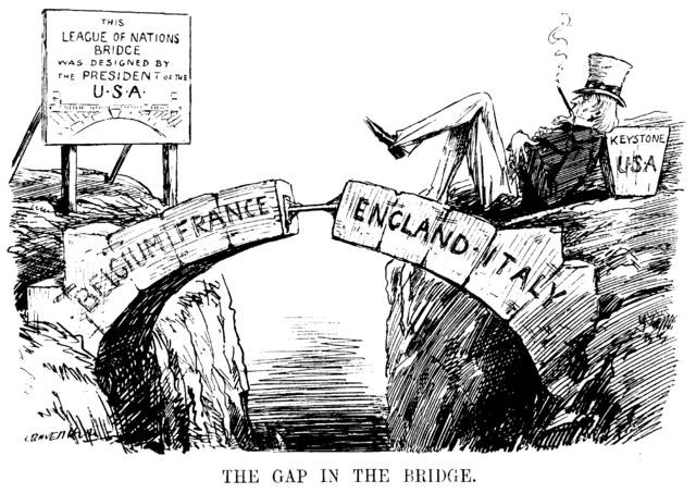 Cartoon representation of the USA missing from the League of Nations depicted as a missing keystone of the bridge, the keystone being leaned against by a cigar-smoking Uncle Sam on the right of the image