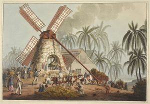 Sugar mill on British Antigua with what appear to be wind sails for power; black men and women working various jobs around the sugar mill