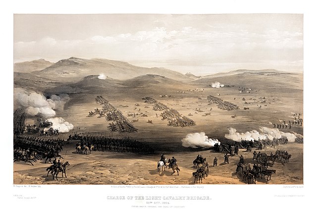 Print shows Lord Cardigan leading the charge of the light brigade toward Russian artillery on the left, in the foreground, Russian artillery fire on the left flank of the charging light brigade, as artillery on the hills in the background fire on the right flank; Russian cavalry wait in readiness to engage the British or to counterattack.