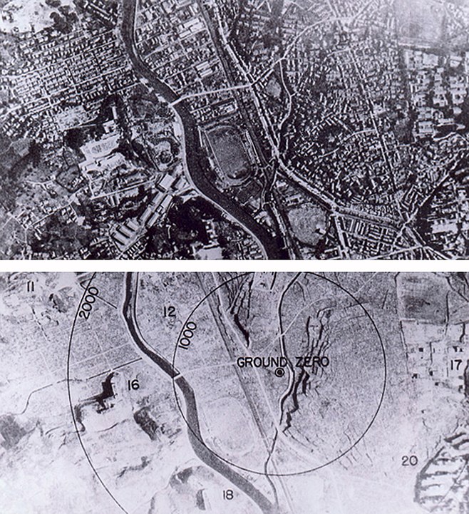 Aerial view of Nagasaki before the bombing (showing buildings and cityscape) and after the bombing (showing a bare landscape)