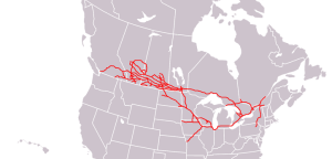 Map showing Canadian Pacific Railroad stretching across Canada from east to West