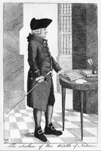 Side view of Adam Smith in three-cornered hat, long coat, and buckled shoes standing at table with cane in hand