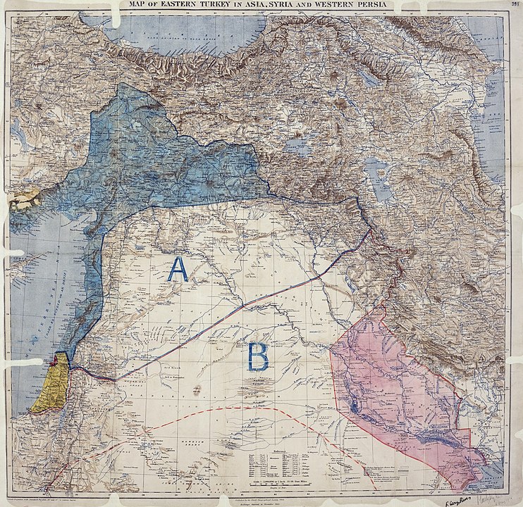 Map of Sykes–Picot Agreement showing Eastern Turkey in Asia, Syria and Western Persia, and areas of control and influence agreed between the British and the French.