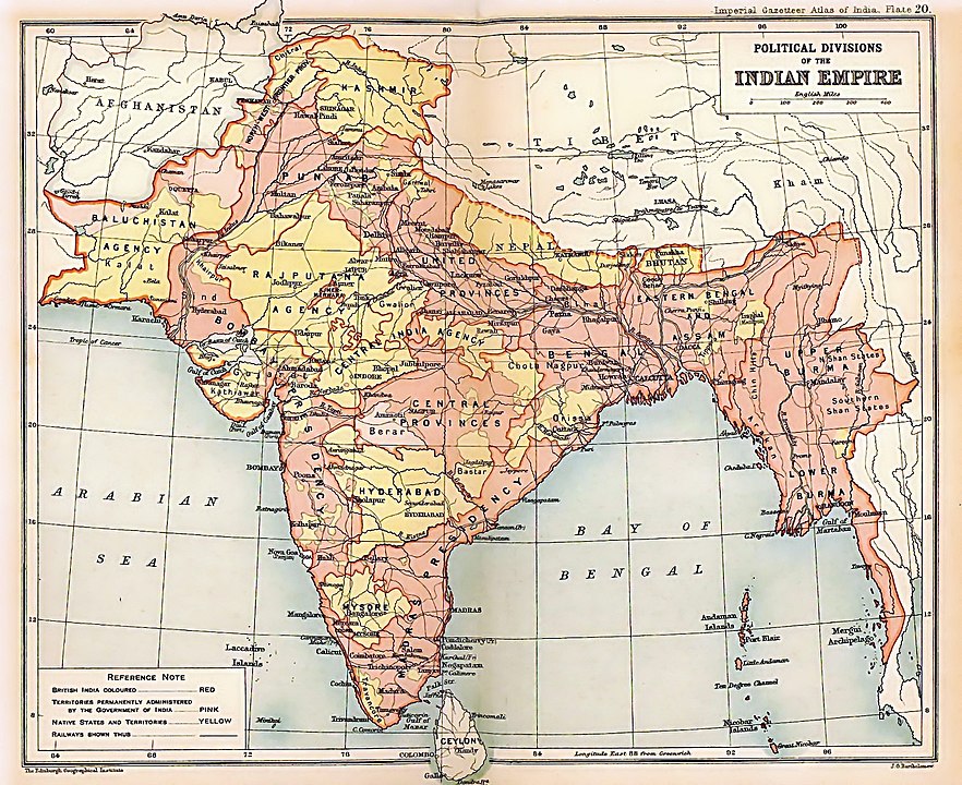 1909 Map of India, showing British India in two shades of pink and Princely states in yellow