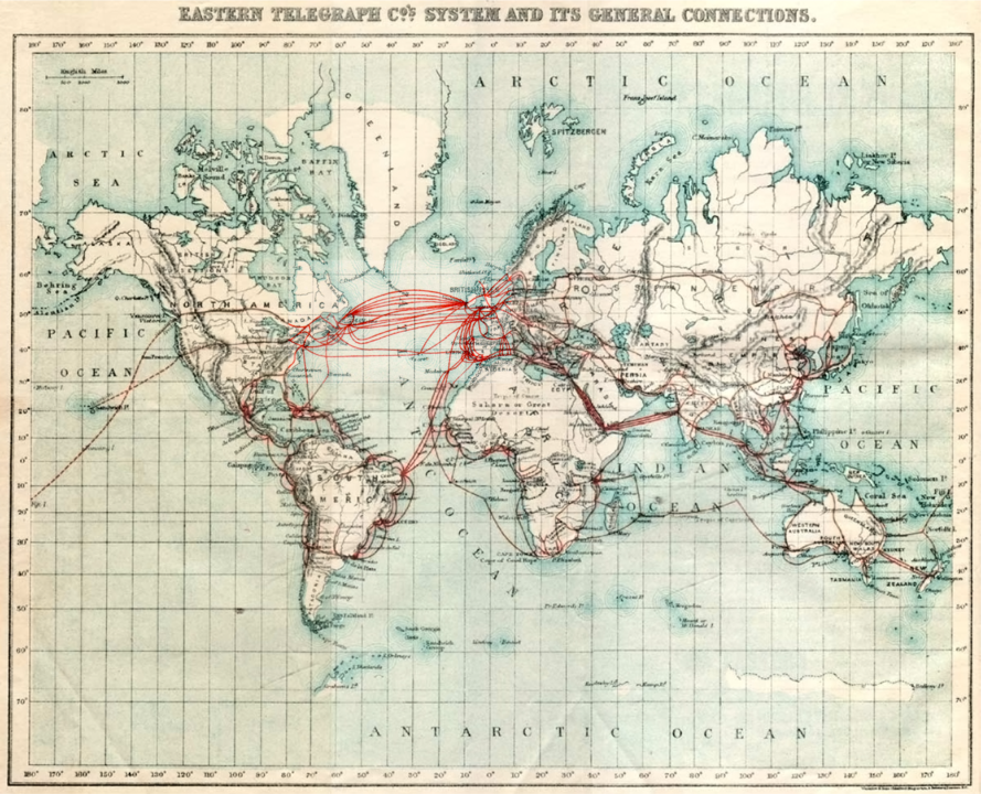 World map showing submarine telegraph cable routes at the beginning of the 20th century with many lines connecting Europe, North America, and South America