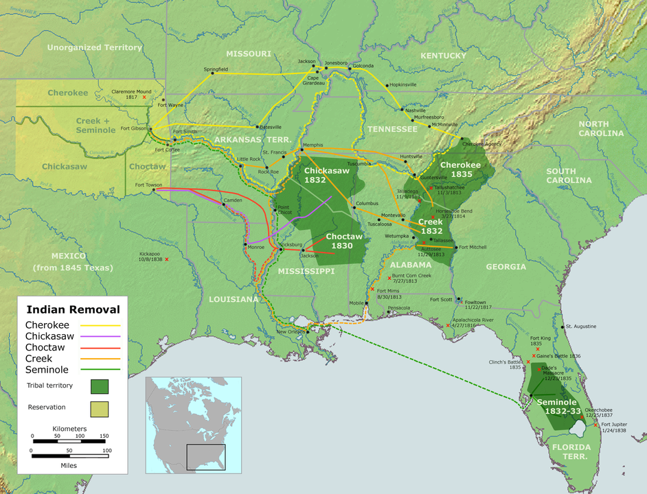 Map showing the process of Indian Removal between 1830-1838
