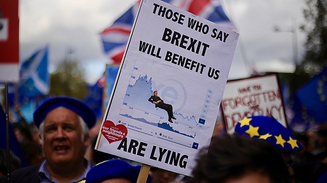 Sign at Anti-Brexit march that reads "Those who say Brexit will benefit us are lying"