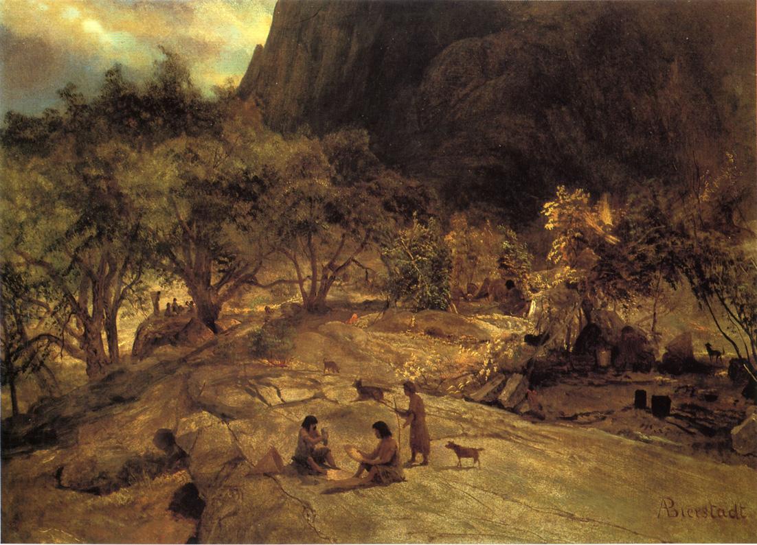 Two people seated and one standing on rock out cropping with dogs surrounded by trees, a campsite, and base of mountain in background