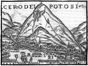 The city of Potosí in 1553 with many buildings, two churches, and a large mountain in the background being climbed by two people